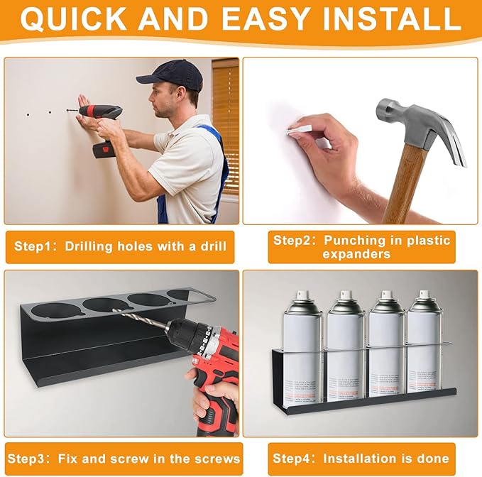 Aerosol Spray Can Holder Rack 4 Packs, Spray Bottle Organizer Wall Mounted Heavy-Duty Steel Paint Bottle Storage Rack for Garage and Workspace