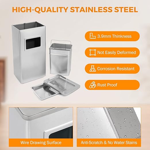 BEAMNOVA Trash Can Indoor Outdoor Metal Stainless Steel Commercial Garbage Can Industrial Garbage Enclosure Inside Cabinet with Lid Waste Container, Color Metallic, 31*25*61 cm / 12.2*9.8*24 in