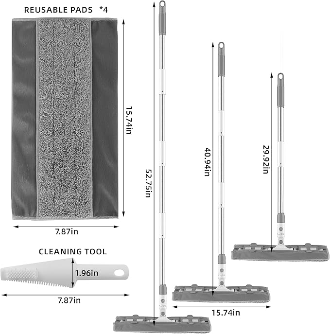 Flat Microfiber Mop for Floor Cleaning, 15.7 in (40 cm) Aluminum Base, 4-Section Aluminum Handle 52 in, Dry & Wet Use, 4 Washable Pads, Debris Scraper – LJGG (Gray/White)