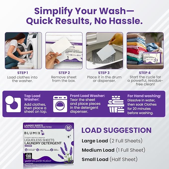 Laundry Detergent Sheets – 100 Loads | Lavender Scent | Eco-Friendly, Plastic-Free, Plant-Based Detergent for Sensitive Skin | Travel Friendly, Works in Cold Water & HE Machines