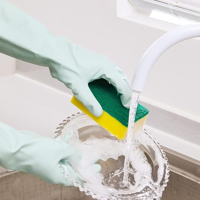 COOLJOB Small Reusable Rubber Dishwashing Cleaning Gloves for Kitchen Bathroom, Non-Slip Grippy Long Dish Washing Gloves with Flocked Cotton Liner, Flexible Durable & Waterproof, Mint Green, 1 Pair