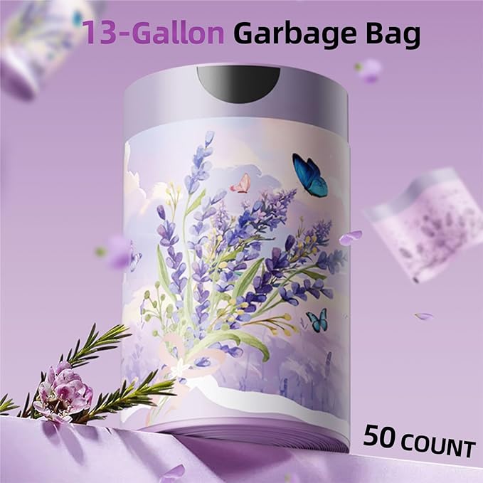 13 Gallon Trash Bags Drawstring, 50 Count Tall Kitchen Trash Bags, Sturdy Large Trash Bags, Lavender Printed Garbage Bags 13 Gallon Tall Kitchen, Tear Resistant Garbage Bags for Kitchen, Bathroom