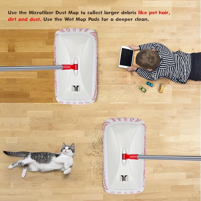 Masthome Extra Large Microfiber Mop for Floor Cleaning, 16“ Flat Mop with 5 Pad for Wet & Dry Use, Dust Mop for Hardwood Laminate Tile Ceramic, 1 Cleaning Scraper Included-Red