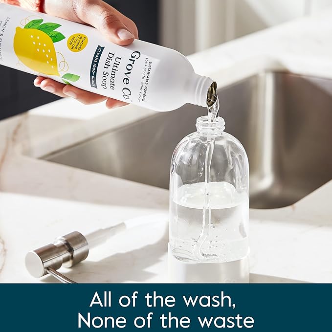 Grove Co. Ultimate Dish Soap Refills (3 x 16 Fl Oz) + Refillable Glass Dish Soap Dispenser for Kitchen Sink with Non-Slip Silicone Sleeve, Plastic Free Cleaning Products, Lemon & Eucalyptus