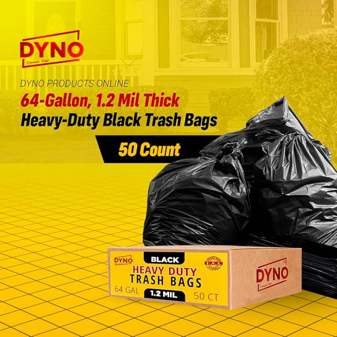 Dyno Products Online 64-Gallon, 1.2 Mil Thick Heavy-Duty Black Trash Bags - 50 Count Extra Large Plastic Garbage Liners Fit Huge Cans for Home Garden Lawn Yard Recycling Construction & Commercial Use