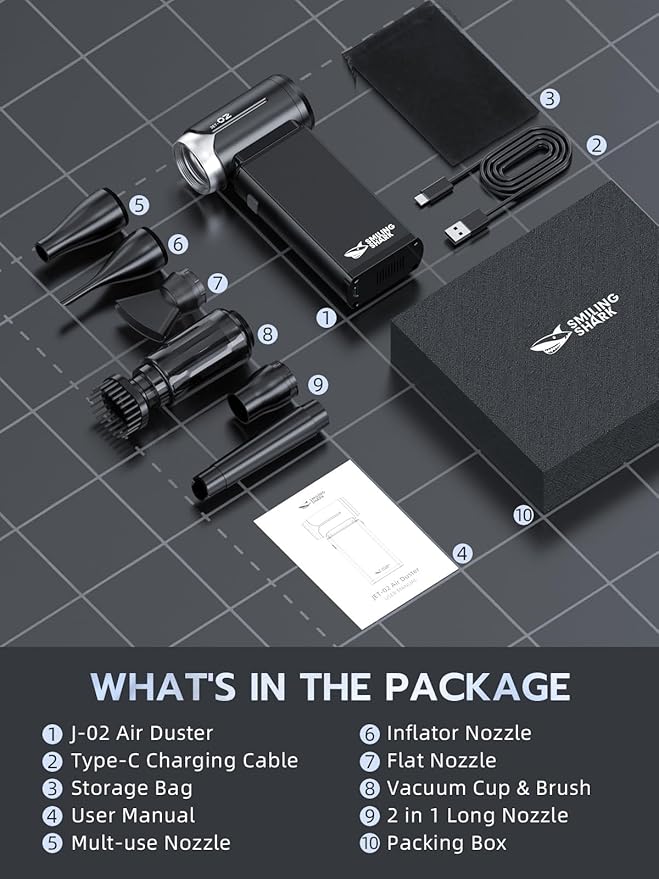 Smiling Shark Compressed Air Duster, J02 Super Power 150000RPM Aluminum Electric Air Duster with Mini Vacuum Cleaner, 2 Modes (Normal&Storm) Adjustable Dust Blower for PC/Outdoor/House/Car