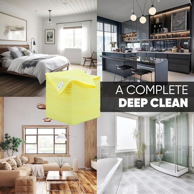 16" x 16" All Purpose Microfiber Towels - 50 Pack - Reusable Wash Cloths, Dust, Kitchen, Car, Shop Rags for Cleaning (Yellow)