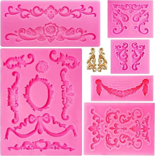 Baroque Style Silicone Molds, Curlicues Scroll Lace Fondant Molds, Vintage Relief Flower Mould Filigree 3D Clay Mold for Gummy Sugar Cookie Pastry Chocolate Mold for Clay Cupcake Topper Decor(6Pcs)