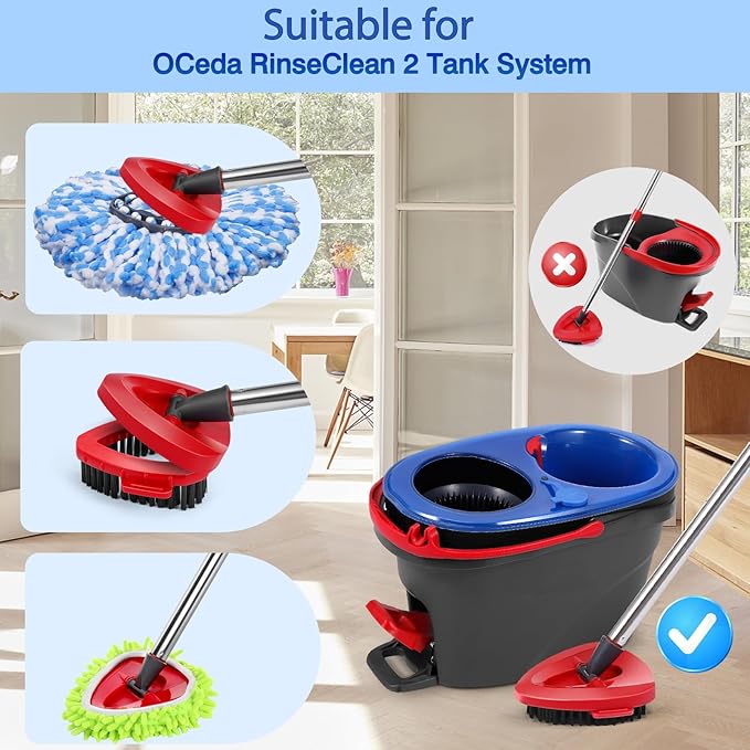 4 Pcs Spin Mop Heads Replacements & 4 Blue Mircofiber & 1 Brush & 2 Base &1 Handle Set for Ocedar Rinseclean 2-Tank System,Machine Washable Chenille Mop Replacement,Easy Cleaning for Bathroom,Kitchen