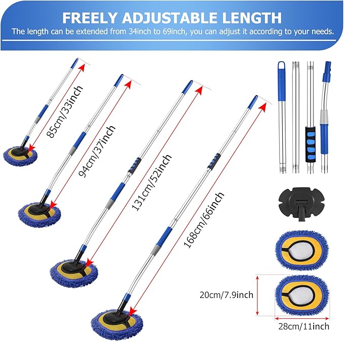 Wall Cleaner,Blue Wall Cleaner Mop with Long Handle Max 66’’ Wall Mop,Rotatable Adjustable Cleaning Mop,Ceiling Dust Mop,Cleaning Tool for Walls/Baseboard/Floors, Car Washes