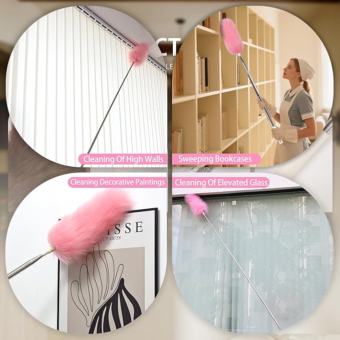 Extendable Lambswool Duster Stainless Steel Handle 133" Removable Feather Duster for Cleaning Ceiling Fans Interior Roof Furniture, Pink