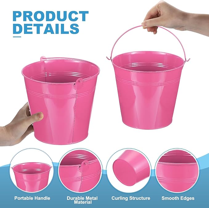 PATIKIL 7"x6.2" Small Metal Buckets with Handle, 6 Pcs Mini Galvanized Bucket Colorful Easter Buckets for Crafts Party Favors Decoration, Rose Red