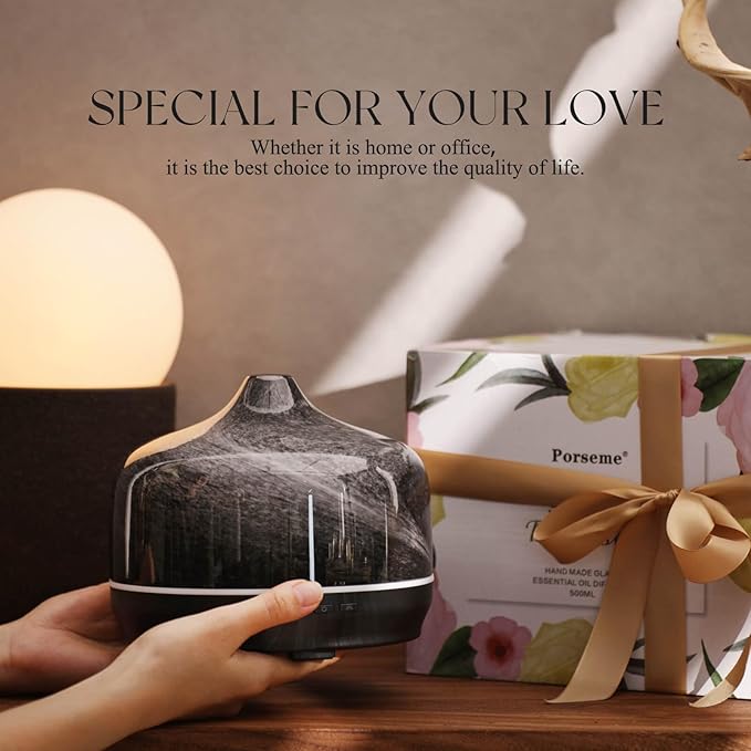 Porseme 500ml Glass Essential Oil Diffuser Aromatherapy Ultrasonic Cool Mist Humidifier 15-21 Running Hours Waterless Auto-Off Air Diffusers for Sleeping Yoga Office Working Spa and Rest (Obsidian)