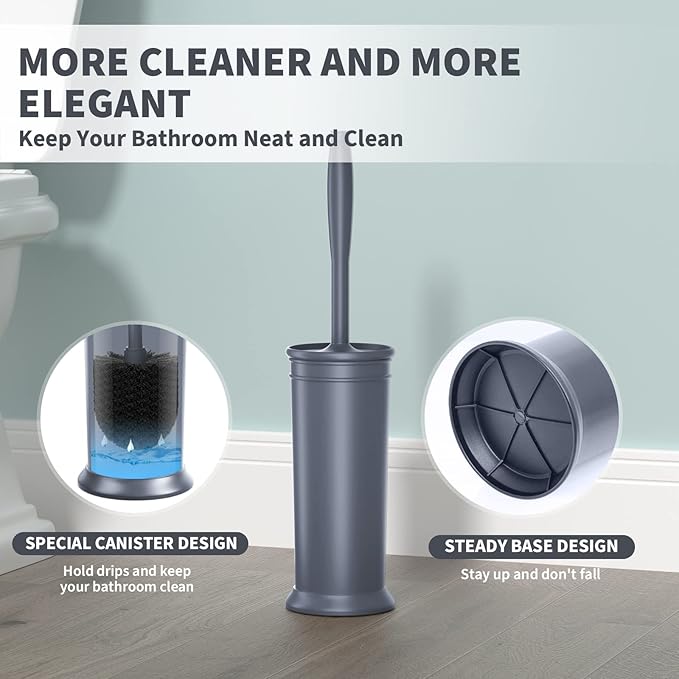 UPTRONIC Toilet Brush, Toilet Bowl Brush with Extra Long Handle Durable Bristles Toilet Scrubber and Covered Holder for Toilet Brush Set for Bathroom Cleaning (Gray, 1 Set)