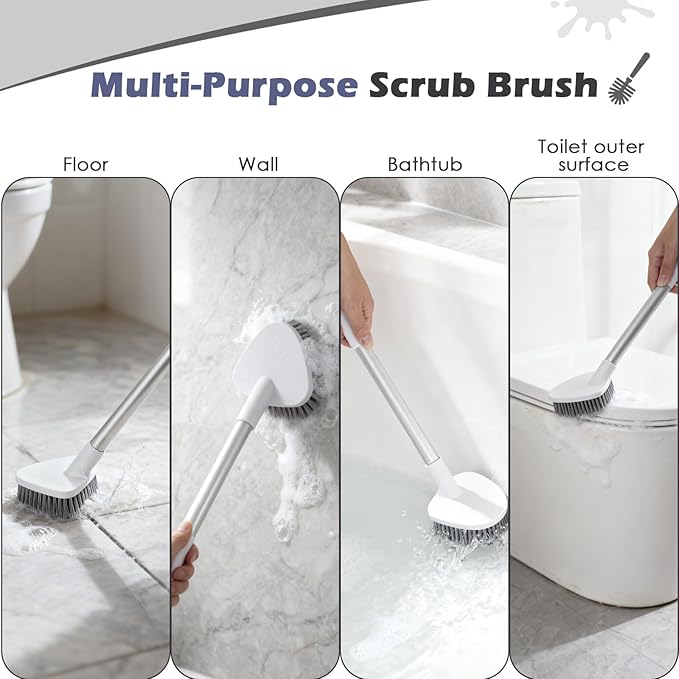 Toilet Brush and Holder Set, 1 Toilet Bowl Brush and 1 Scrub Brush, with Detachable Extra Long Handle,Durable Nylon Bristles,Toilet Scrubber Brush for Bathroom RV Cleaning