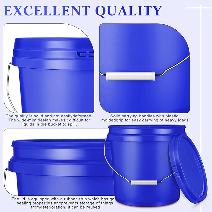 6 Pack 2 Gallon Plastic Bucket with Lid Heavy Duty Pail with Metal Handle Reusable Small Multipurpose Paint Buckets Container for Food Storage(Dark Blue)