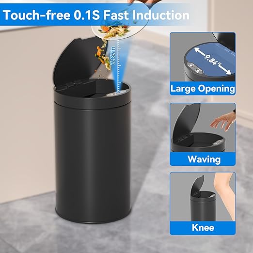 kaylowe Motion Sensor Bathroom Trash Can with Lid 4 Gallon Stainless Steel Garbage Cans Automatic Touchless Garbage Bin for Kitchen, Bedroom, Office, Living Room, Black