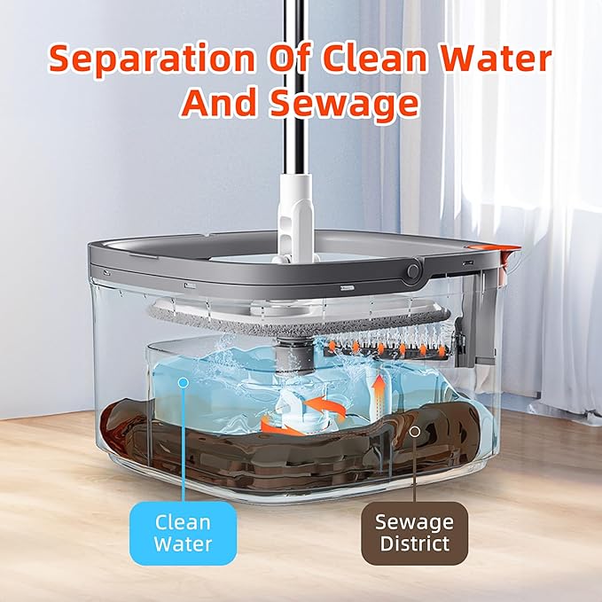 Spin Mop and Bucket Set with Self Separation Dirty and Clean Water System Self Wringing 360° Rotating Clean Mop-Head for Hardwood Tile Marble Floors with 6pads