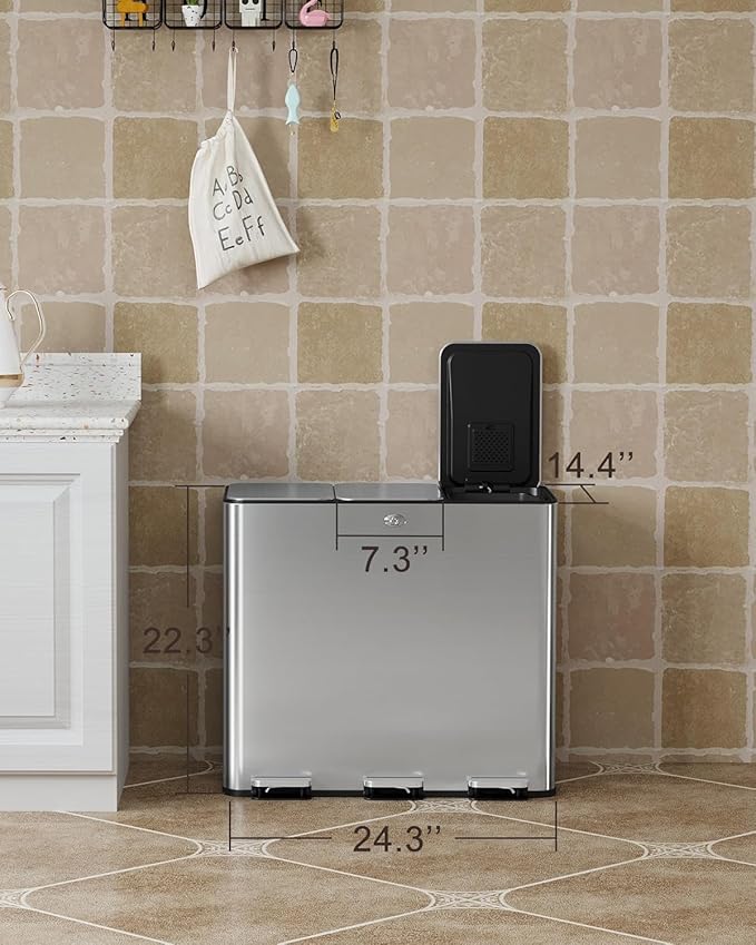 GarveeHome Trash Can 60L/15.9 Gal, Three Compartments Pedal Kitchen Recycling Trash Bin with Lids,Stainless Steel Garbage Can for Home Office Restaurant School Hospital