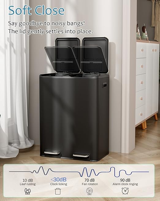 16 Gal (2 x 30 L) Dual Trash Can, Stainless Steel Kitchen Garbage Bin, Recycle Dustbin with Odor Control Box, Soft-Close Lid, Inner Buckets, Side Handle, Step Pedal, for Home Office