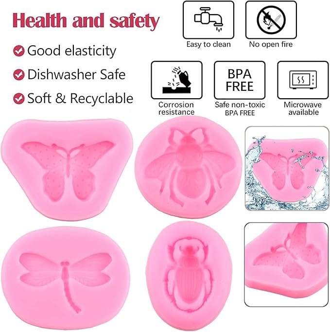 ZiXiang Insect Silicone Mold Bumble Bee Fondant Molds Butterfly Dragonfly Beetle Candy Molds for Chocolate Sugar Craft Cake Decorating Tools Set Of 4