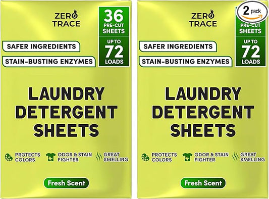 Zero Trace All Natural Laundry Detergent Sheets - Powerful Eco-Friendly Travel Detergent Sheets with Fresh Scent (144 Loads)