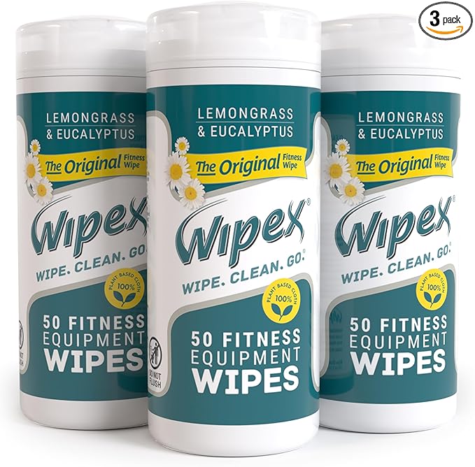 Wipex Original Fitness Equipment Wipes - Natural Plant Based Gym Wipes, Clean Surfaces at Home or Gym, Use as a Yoga Mat Cleaner, Peloton Cleaners - Lemongrass & Vinegar, 50 Count (Pack of 3)