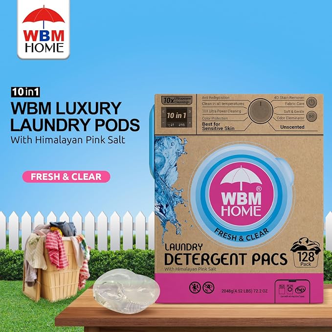 WBM Laundry Detergent Pods, 128 Count | Fresh & Clear Unscented | Laundry Pods 10x Ultrapower Cleaning With Color Protection and Eco-Friendly Packaging