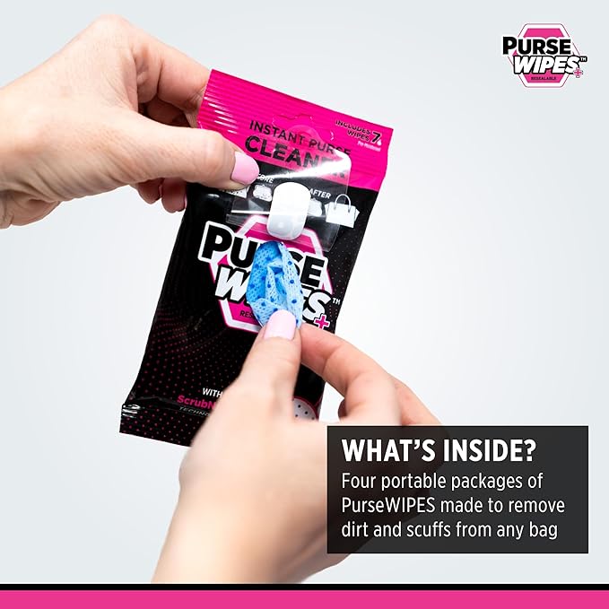 SneakERASERS: PurseWIPES Purse Cleaner Wipes - Portable Leather Wipes for Bags, Purses, and Backpacks, Dirt and Scuff Remover with Innovative ScrubNubs, Perfect for Quick Cleaning, (28 wipes)