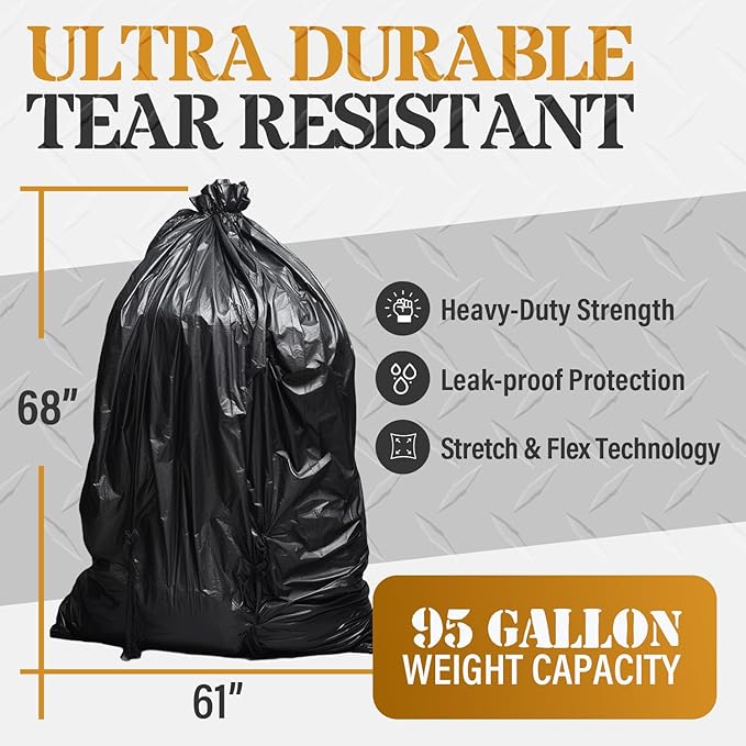 95-96 Gallon Extra-Large Black Garbage Can Liners, Heavy-Duty Trash Bags, 50 Bags, 1.5 Mil Thick, Ideal for Commercial & Home Use