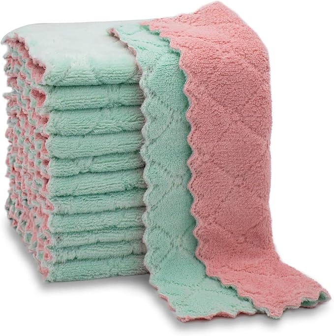 Dual-Purpose Microfiber Cleaning Cloths, 12-Pack, 6x10 inches, Pink and Mint Green, Kitchen and Household Cleaning Towels