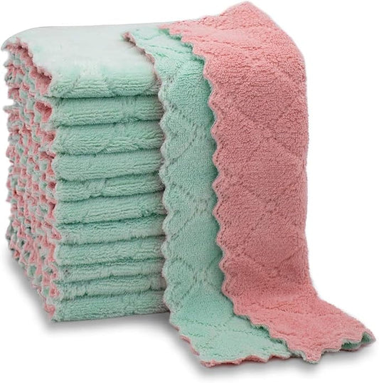 Dual-Purpose Microfiber Cleaning Cloths, 12-Pack, 6x10 inches, Pink and Mint Green, Kitchen and Household Cleaning Towels