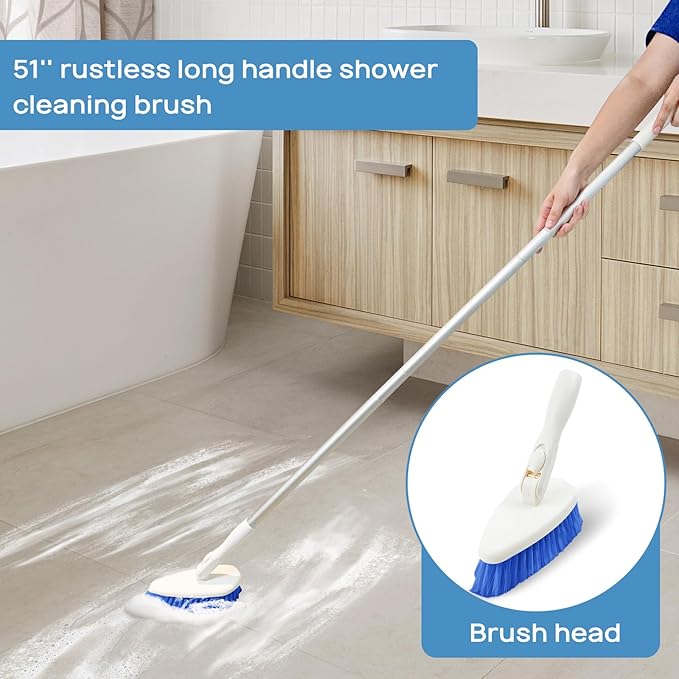 Qaestfy Shower Scrubber Cleaning Brush Combo Bath Tub Tile Cleaner Scrubber Brush with 51'' Adjustable Long Handle Scrub Brush for Bathroom Shower Bathtub Wall Mop Cleaning Scrubbing