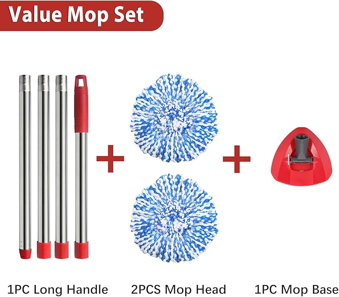 2 Spin Mop Head Replacement, 1 Base, 1 Mop Handle (30-58in) Combo Mops Set Compatible with O Cedar, Spin Mop's Refill Head Replacement for RinseClean 2-Tank System Microfiber Mops