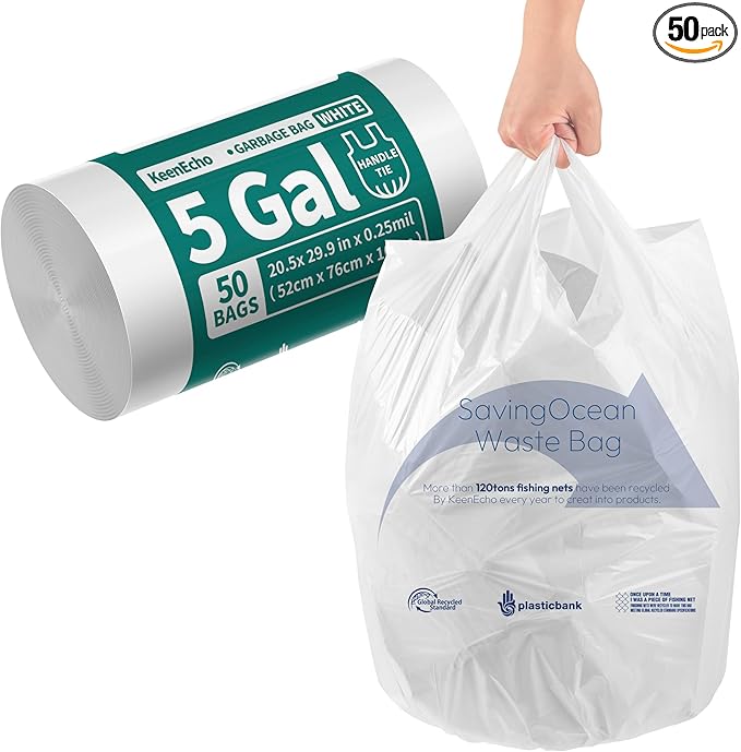 Small Trash Bags with Handles 5 Gallon 50 Count White - Ocean Plastic Upcycling - Plastic Garbage Bags, Can Bin & Waste Basket Liner for Kitchen, Bathroom, Office and Pets