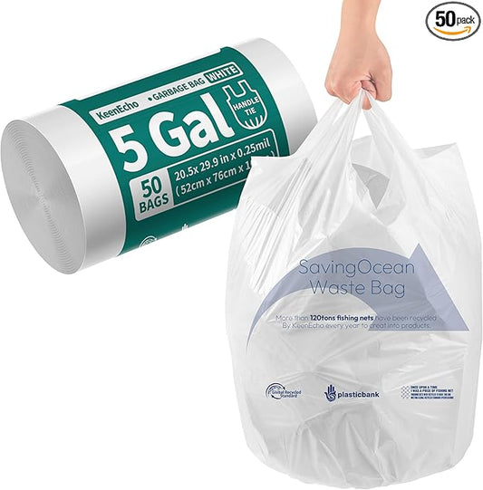 Small Trash Bags with Handles 5 Gallon 50 Count White - Ocean Plastic Upcycling - Plastic Garbage Bags, Can Bin & Waste Basket Liner for Kitchen, Bathroom, Office and Pets