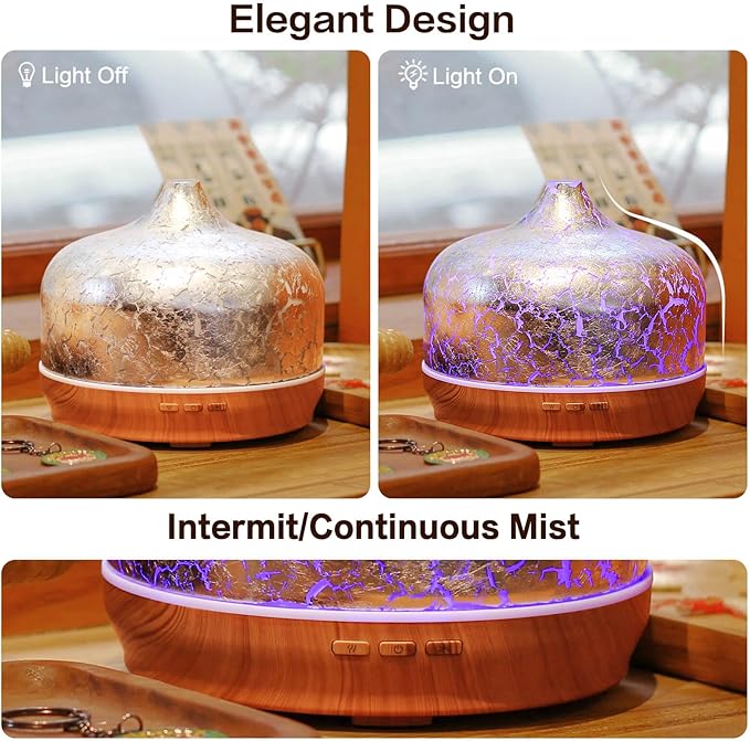 Porseme 500ml Essential Oil Diffuser Silver Plated Glass Aromatherapy Ultrasonic Humidifier - Auto Shut-Off, Timer Setting, BPA Free for Home Hotel Yoga SPA Gift