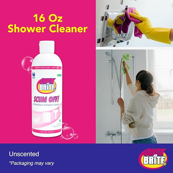 Quick ‘n Brite Scum Off Shower Cleaner - No Scrub, No Harsh Chemical Daily Shower Cleaner, Multi-Surface All-Purpose Cleaner 16 Oz - Pack of 2 (Packaging May Vary)