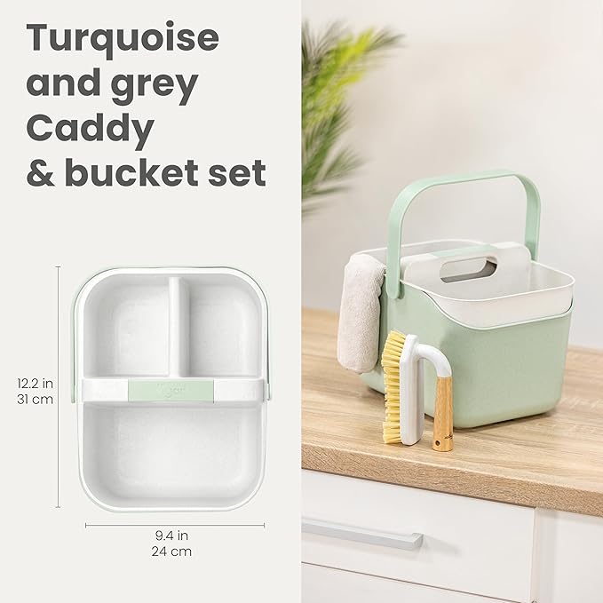 Vigar Zeroline Bucket Organizer, Multipurpose Caddy Organizer with Handle, 3 Compartment Bathroom Organizers and Storage for Home, Turquoise, Grey