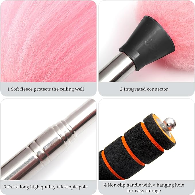 Lambs Wool Extendable Household Cleaning Duster 64" Wall Duster Cleaner with Stainless Steel Long Handle and Extension Pole for Cleaning High Ceiling Fan Interior Roof, Pink