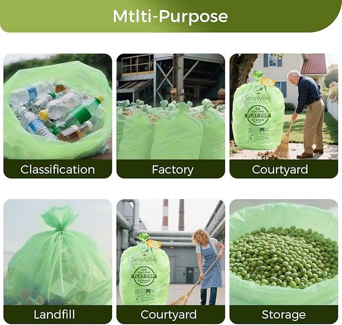 64 Gallon Compostable Trash Bags Flat-Top, Heavy Duty Extra Thick 2 Mil, 242.27 Liter, 12 Bags, Large Lawn and Yard Waste Bag, ASTM D6400, US BPI and OK Compost Home Certified