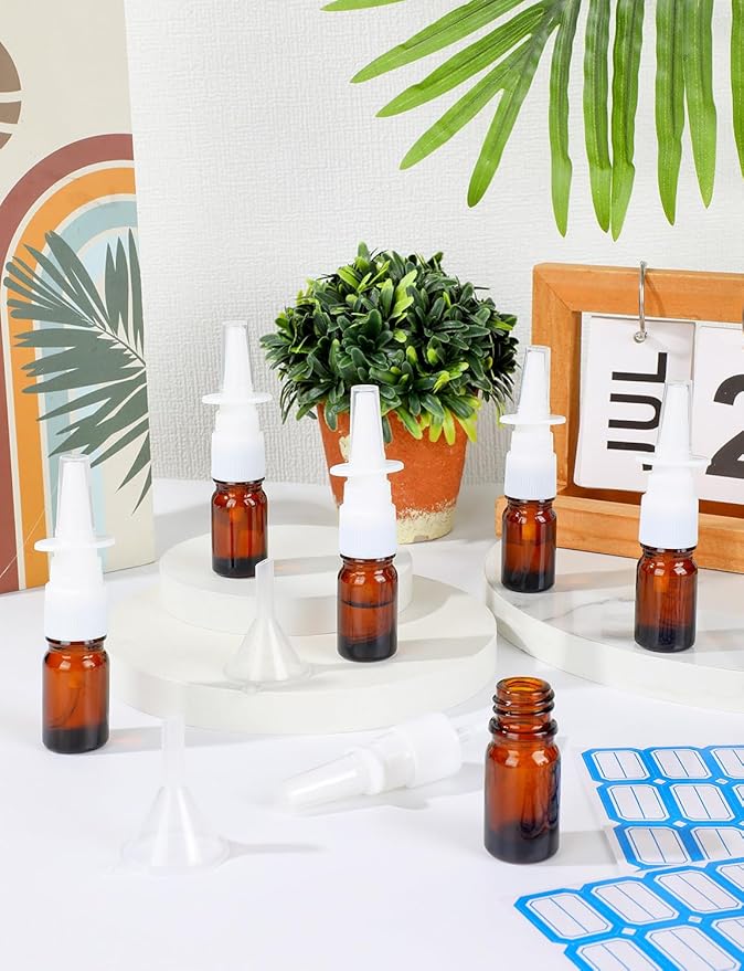 10 Pcs Nasal Spray Bottle, 5ML/0.17OZ 6 Pcs Brown Fine Mist Glass Empty Refillable Nasal Spray Bottle with 2 Pcs Funnels and 2 Pcs Labels