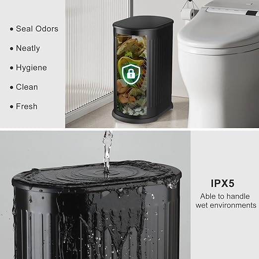 Anzoymx Bathroom Trash Cans Black Stainless Steel Small Garbage Can with Pop up Lid, 1.8 Gallons Dog Proof Narrow Wastebasket, Slim Litter Trash Bins for Bedroom, Toilet, Office