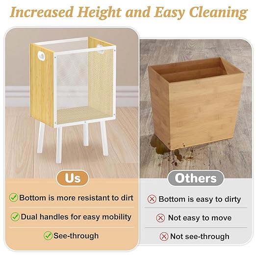 Small Trash Can Bamboo Waste Basket Garbage Can with Handles and Metal Mesh – Rectangular Wood Trash Can with Iron Frame & Legs, Cute Trash Bin for Living Room, Office, Bedroom, Bathroom, 4.5 Gallon