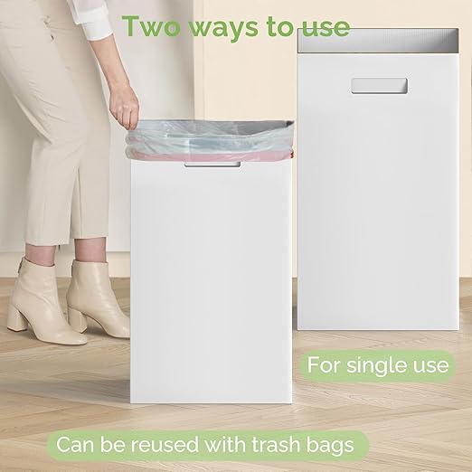 Extra Strong Corrugated Cardboard Portable Garbage Can, 4 Pack Reuseable and Disposeable Extra Large Trash Cans, 13 Gallon (21.6" H x 13.5" W x 10" D), Recycled Garbage Can and Recycling Bins, White