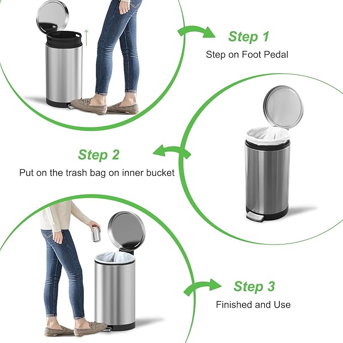 Trash Can with Lid - 30 Liter/8 Gallon Round Stainless Steel Trash Can with Odor Protection Kitchen Garbage Cans with Soft-Close Foot Pedal Step Bin for Bathroom Home Kitchen Office