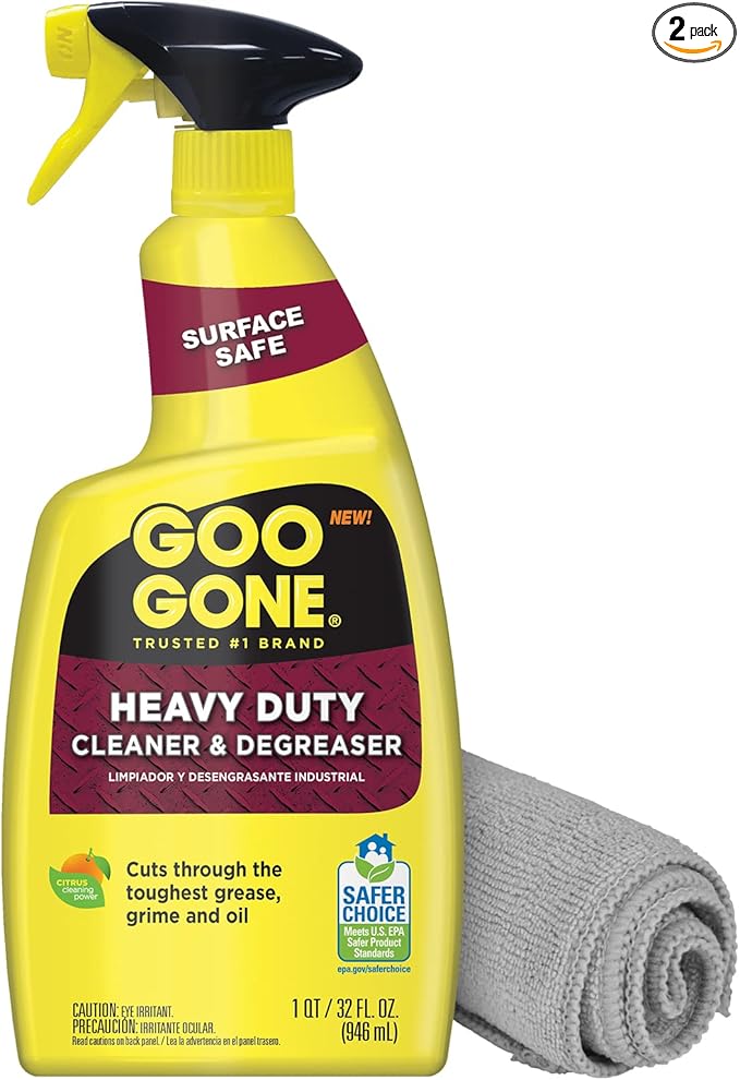 Goo Gone Heavy Duty Cleaner & Degreaser Spray With Microfiber Cleaning Towel – Cuts Through Tough Grease, Oil & Grime - 32 Oz (1 Pack + Towel)