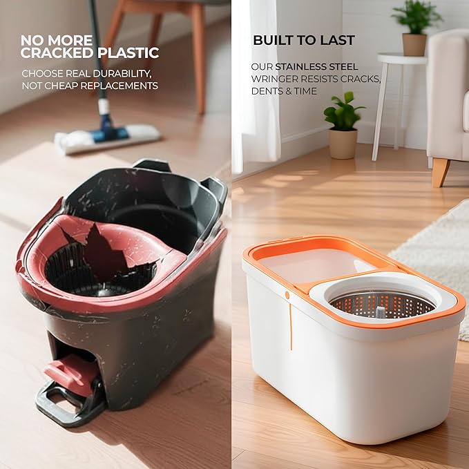 Spin Mop and Bucket Wringer 360 Microfiber Mop with Stainless Steel Handle Self Wringing Cleaning System Bucket with Drain for Tile Hardwood Laminate Floors Includes 2 Mop Head Refills Absorbent