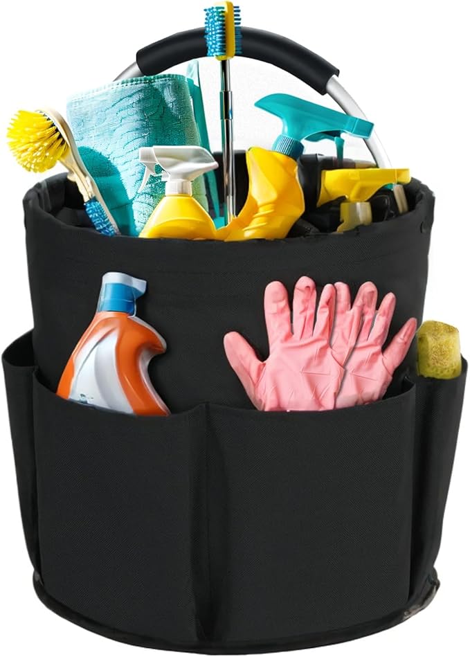 Cleaning Caddy with Handle, Cleaning Products Organiser, 17L Foldable Storage Basket, Cleaning Caddy Organiser, Portable Multi Cleaning Bucket Bag for Home, Garden (Black)