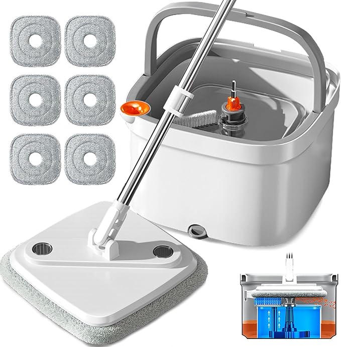 Spin Mop and Bucket Set with Self Separation System 360° Spinning Self-Wringing, Square Clean Mop and Bucket with Wringer-with Replaceable Mop (Light Grey Mop and Bucket Set 6pads)